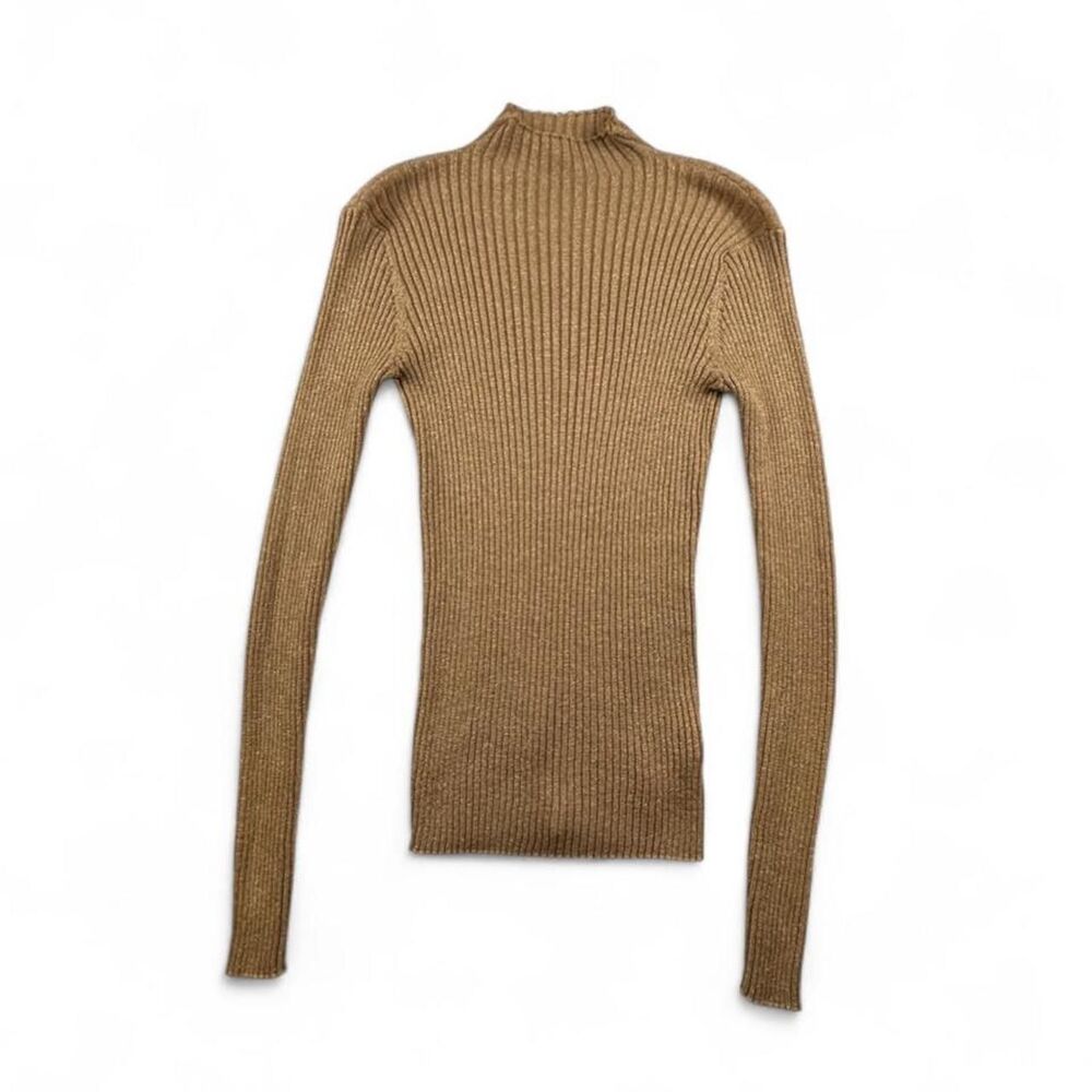 Mystree Gold Metallic Ribbed Turtleneck Sweater Womens S Sparkly Stretchy
